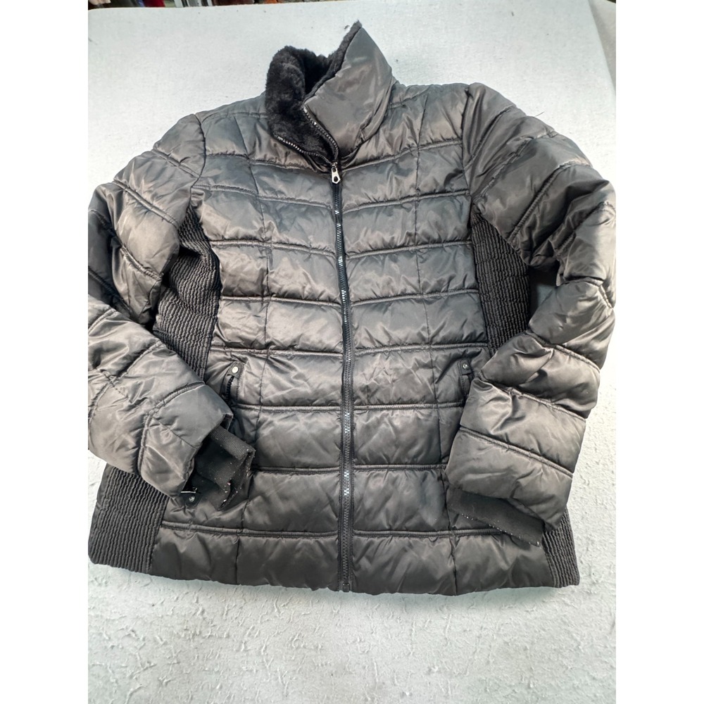 Nautica Puffer Jacket Womens XL Black Quilted Detachable Hood Winter Full Zip